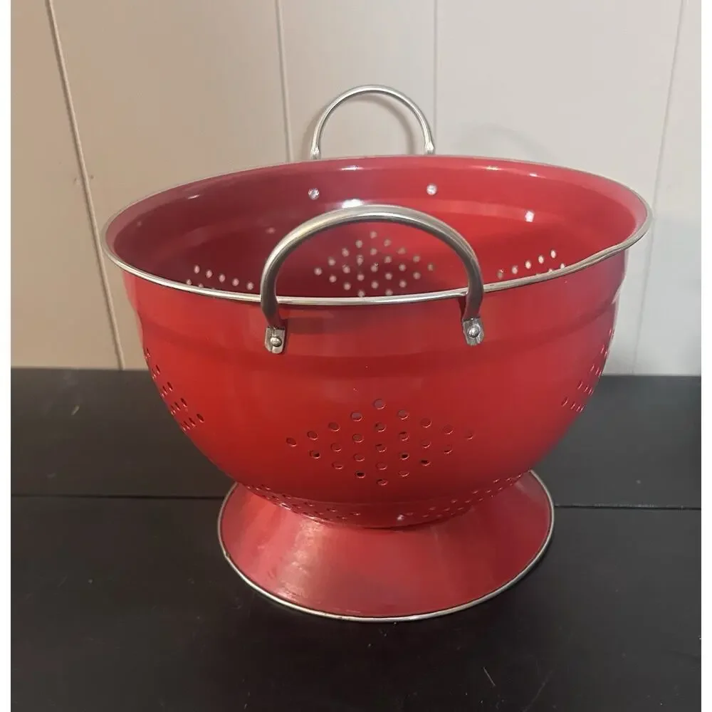 Vintage Red Enamel Colander Strainer Footed Pedestal Retro
